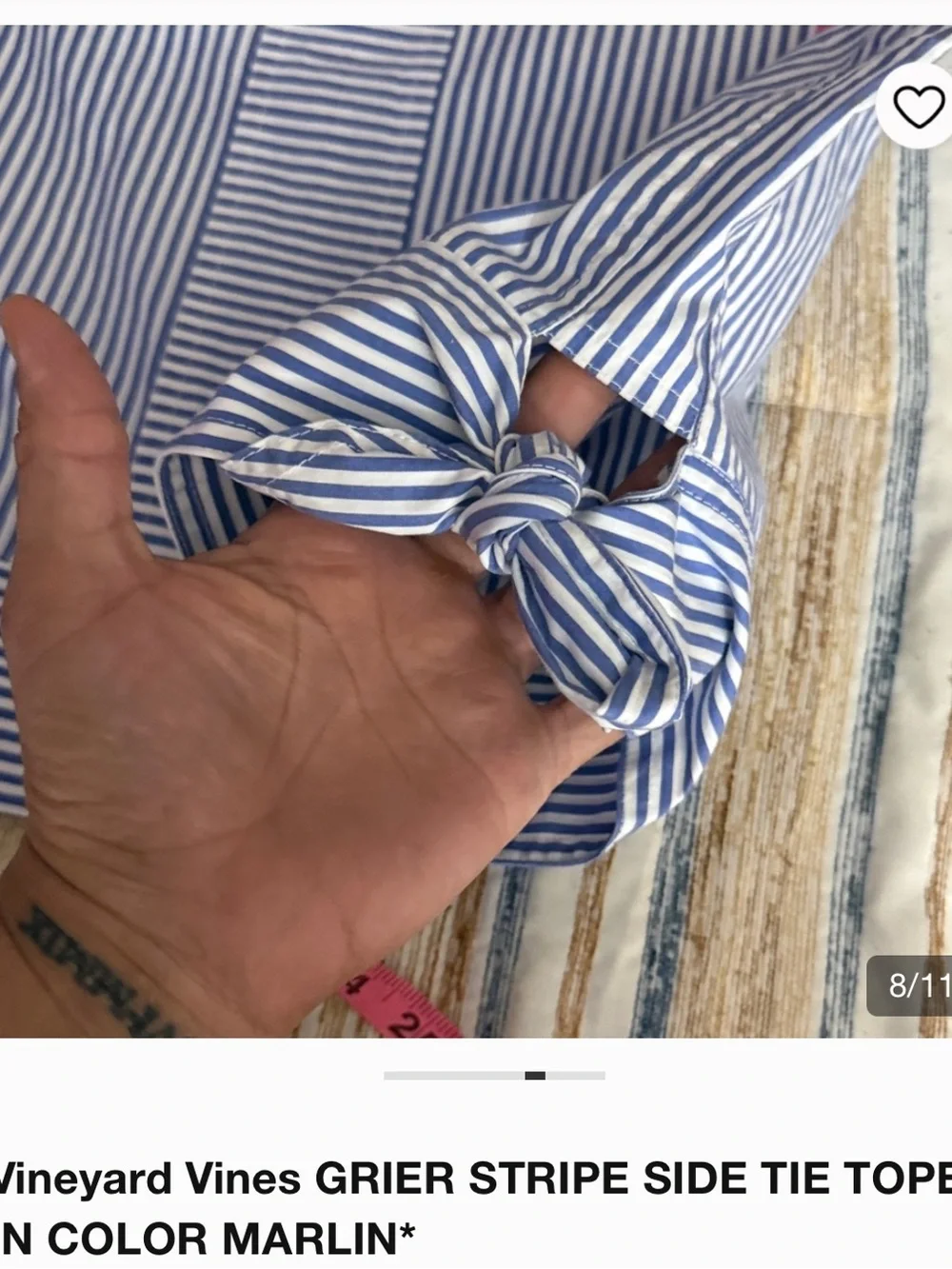 Vineyard Vines MarlinStriped Cap-Sleeve Tie-Hem Top - Blue/White | Size 14 - New
